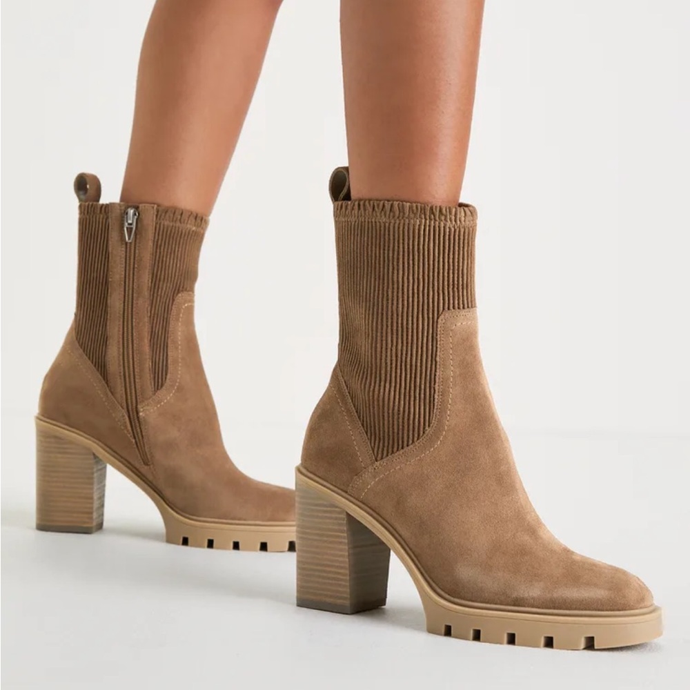Dolce Vita Marni H20 Truffle Taupe Suede Leather Mid-Calf Heel booties size 8.5